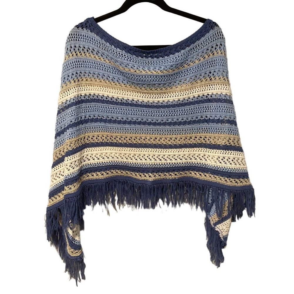 Fiorlini International Poncho One Size Blue and White Striped with Fringe
